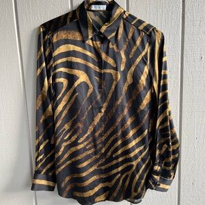Equipment Silk Button Down Long Sleeve Blouse Zebra Print Black and Tan Size S
